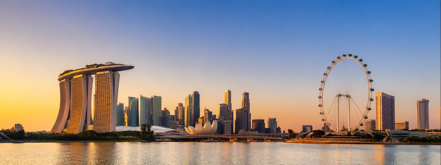 Singapore skyline at Marina Bay at golden hour